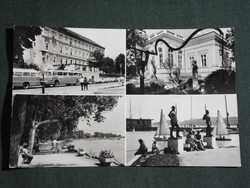 Postcard, Balatonfüred, mosaic details, Jóka memorial house, coastal promenade, Ikarus bus, statue