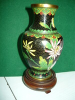 Old fire enamel copper vase with wooden base