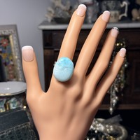 Modern nagy larimar gyűrű, világoskék állítható méretű statement gyűrű, ezüst szín drágakő gyűrű