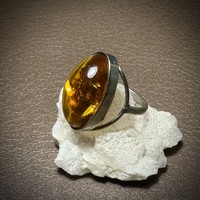 Vintage orosz ezüst borostyán köves gyűrű Mérte átm:19 mm, régi borostyán ékszer, Bernstein Ring