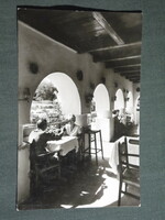 Postcard, balaton doll, Beczali inn, restaurant, terrace detail with people