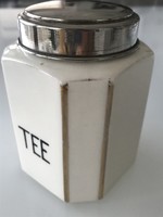 Antique ceramic tea box with nickel-plated lid, 11 cm high