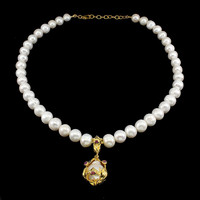 925 Silver 14kt gold-plated true pearl necklace with a small ruby gemstone