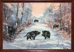 60X40 cm wanderers c. A wild painting with a solid wooden picture frame!-Wild boars