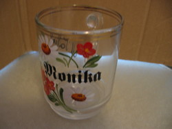 Floral painted, gilded, coffee, tea, mulled wine glass mug with Monika's name
