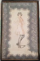 A rare Merényi rudolf art deco colored etching with a pretty female figure in a black gold wooden frame
