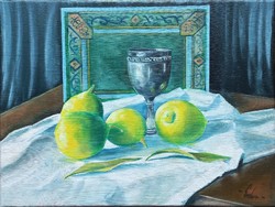 Still life with silver cup and lemons - oil painting