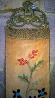 Pearl-stitched-copper-gold tassel-, frill-decorated wall- and door decoration, wall tapestry, excellent antique piece