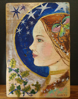 Celtic stars - rustic painted wooden board decoration, gift, portrait, wood, woman, girl, star, gold