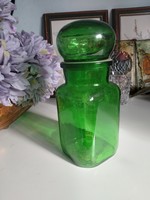 Larger, spectacular, green glass container with a large glass stopper (diameter 9 cm), 23 cm high