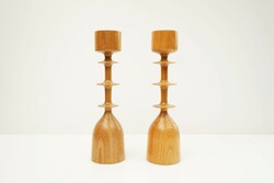 Mid century wooden candle holder / pair of retro turned candle holders / Scandinavian style