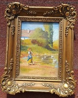 Old marked picture of village life - painting