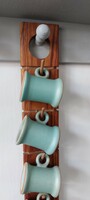 Vitntage turquoise-gold ceramic drinking glass, hanging on a wooden wall holder brandy set - marked