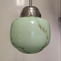 Art deco - Streamline nikkelezett mennyezeti lámpa felújítva - márványozott zöld búra
