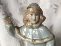 Régi, jelzett Alba Julia téli ruhás porcelán kislány, kis hölgy figura