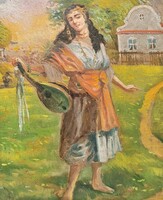 Gypsy girl with mandolin - old oil painting
