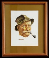 Old man smoking a pipe marked portrait watercolor painting