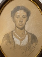 Portrait of a young woman marked 1920 pencil graphic painting in an oval frame