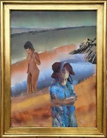 Art gallery painting by István Eigel (1922-2000) of two generations with original guarantee!