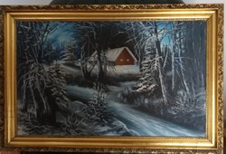 Winter landscape with house - oil painting
