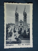 Postcard, view of Nyíregyháza church, statue of Lajos Kossuth, 1940-50
