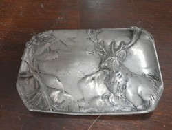 Old tin hunter, deer table serving tray. 15 Cm. Marked.