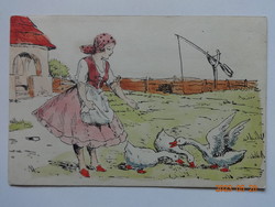 Old graphic greeting card (girl feeding geese in folk costume)