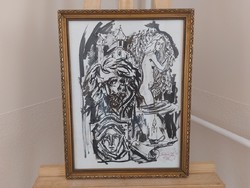 (K) Csatári József remek grafikája 33x43 cm kerette