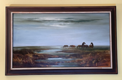István Dér 1987. Horses on a sled, good mood oil painting 45 x 80 cm + frame