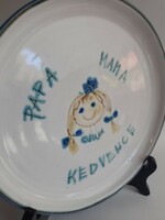 Zsuzsa Moravian ceramic bowl, plate - papa, mama's favorite with inscription - damaged