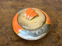 Marked art deco orange and gray colored ceramic jewelery bowl with lid