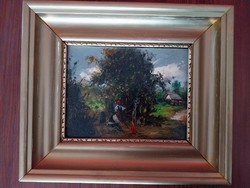 Painting made with oil-on-wood technique - picture of village life