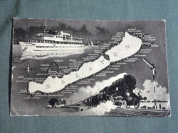 Postcard, Balaton settlements, graphic map, ship, steam locomotive, Frigyes of Farnad