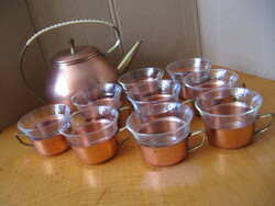 Retro copper tea pot with braided handle, 9 Jena glass cups in copper inserts for tea, mulled wine, coffee