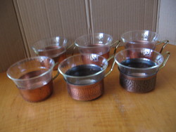 Jénai teás, kávés, forralt boros poharak manó fülű réz tartókban 4+1+1