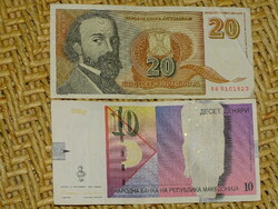 10 dinar Macedonia 1996 + 20 dinar Yugoslavia 1994 paper money banknote