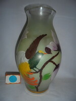 Old hand-painted bird / parrot? /, Floral glass vase