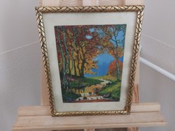 (K) forest landscape painting with stream 27x34 cm frame