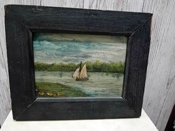 Old small-scale oil painting with fisherman (?) Signo