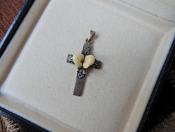 Old hunter silver cross pendant with real teeth