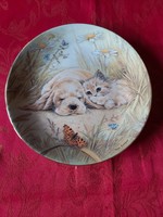 English wall porcelain decorative plate with cute little animals - in display case