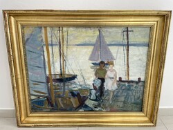 Balogh ervin balaton sailboats lake shore landscape painting gallery modern social real picture