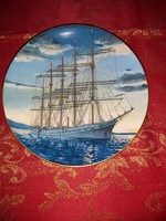 Beautiful English porcelain decorative plate with ship in display case