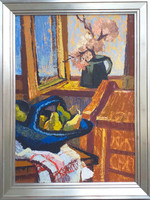 János Mustó (1934 - 2012): flowers and fruit in the window