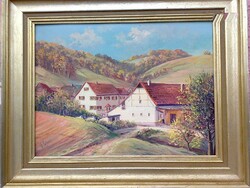 Antique landscape from Germany. Fr. Sihier: village houses in the Balzenbach countryside