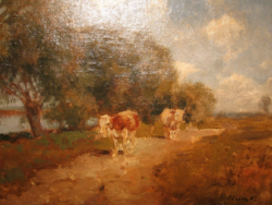 Wonderful guaranteed original Ferenc Olgyay / 1872-1939 / painting: cows on their way home.