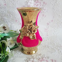 New, golden, 3D flower decorated, pink velvet covered ceramic vase