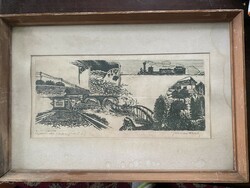 Difficult to read sign: small railway 1977. (Etching)