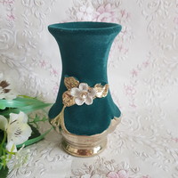 New, gold-colored, 3D flower-decorated, green velvet-covered ceramic vase
