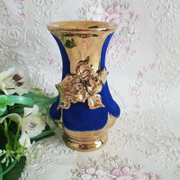 New, gold-colored, 3D flower-decorated, blue velvet-covered ceramic vase